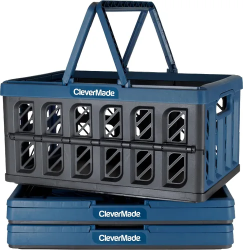 Vista 2 de CleverMade Cestas de compras ecológicas plegables de 24L y 30L (paquete de 3) Bolsas reutilizables de plástico y lona
