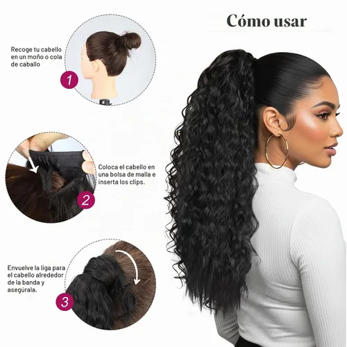 Vista 4 de Extensión de cola de caballo larga con ondas de maíz, pasta mágica, resistente al calor, ondulada, sintética, envolvente, extensión de cola