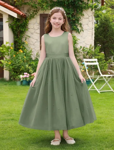 Vista 2 de IBTOM CASTLE Vestido de niña de las flores, vestido de princesa de tul con Verde salvia