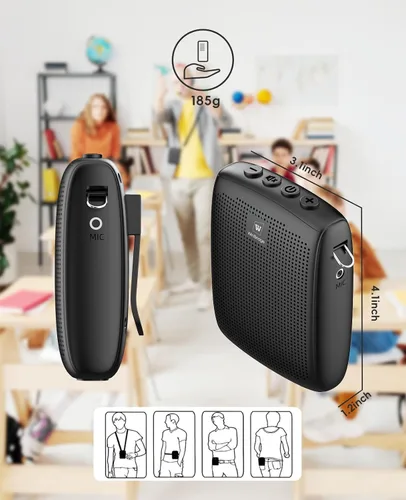 Vista 6 de Mini amplificador de voz inalámbrico personal con 2 micrófonos Bluetooth Micrófono y altavoz portátiles, sistema de altavoces PA recargable de 15