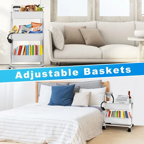 Vista 6 de Homchwell - Carrito de metal con ruedas bloqueables, 3 niveles, organizador multifunción con asa y cesta de malla, para cocina, café, baño u oficina