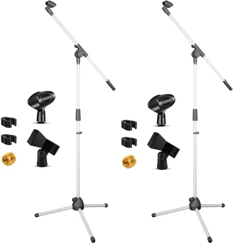 Vista 12 de Soporte de micrófono de 5 núcleos para piso, 2 soportes de micrófono de doble trípode ajustables con capacidad para 2 micrófonos con brazo