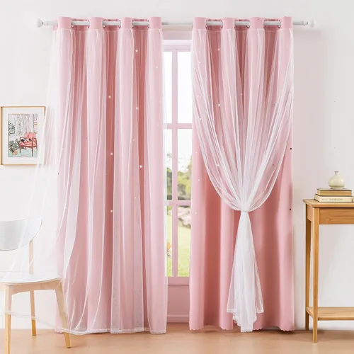 Vista 16 de indistar Cortinas opacas con recortes de estrellas para dormitorio de niña, cortinas de oscurecimiento para habitación de bebé, cortinas
