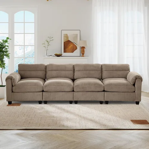 Vista 80 de HAOMARKETS Sofá esquinero modular en forma de L de 115 pulgadas con 2 otomanas móviles, sofás de pana de 8 plazas con cojín grueso para sala de Beige