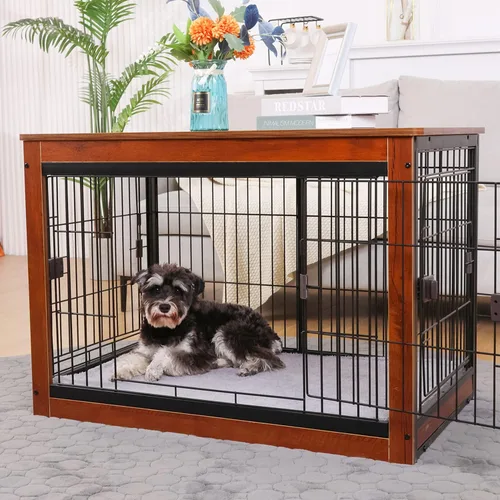 Vista 9 de Jaula de perro de 37.8 x 23.6 x 27.1 pulgadas, estilo de muebles para mascotas pequeñas y medianas, jaula de madera para perros, resistente
