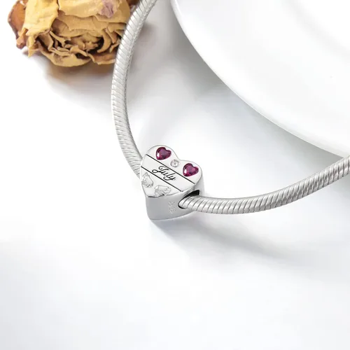 Vista 4 de LONAGO Abalorio personalizado de plata de ley 925 con forma de corazón y piedra natal personalizada, pulsera de ajuste de piedras preciosas