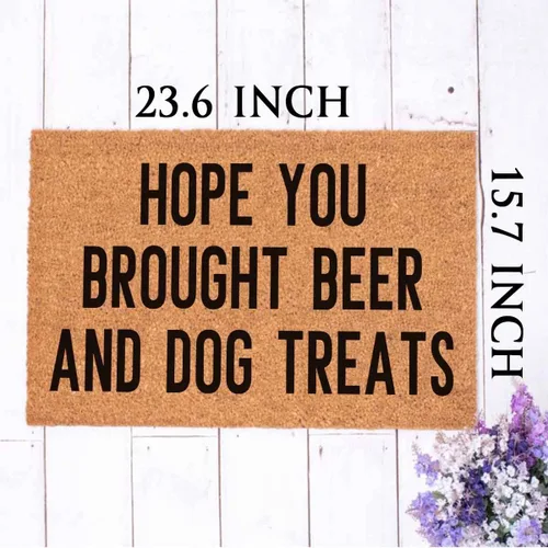 Vista 3 de Tapete divertido de fibra de coco con texto en inglés «Hope You Brought Beer and Dog Treats In» Tapete para puerta al aire libre con porche frontal