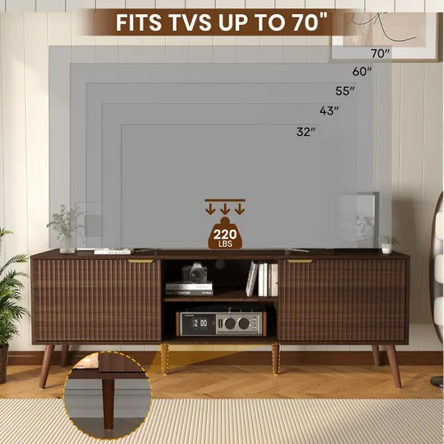 Vista 3 de Soporte de TV para sala de estar de hasta 55/60/65/70 pulgadas, consolas de TV modernas de mediados de siglo con toma de corriente, centro