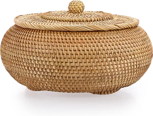 Vista 11 de Hipiwe Cajas de Cestas Redondas de Ratán con Tapa Tejidas a Mano, Cestas de Almacenamiento de Mimbre, Contenedor, Cesta Decorativa Multiusos