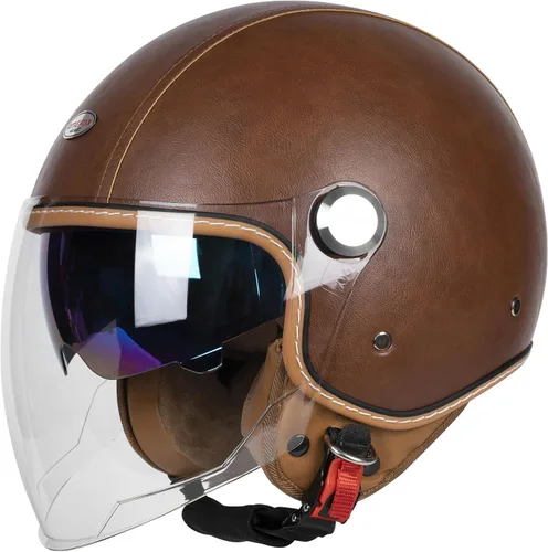 Vista 7 de Cascos de cara abierta para motocicleta, aprobados por el DOT, 3/4, casco para motoneta con visera dual, hebilla de liberación rápida, cascos