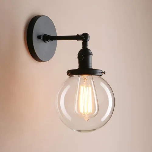 Vista 11 de Pathson Aplique de pared industrial con cable con vidrio de globo transparente, interruptor de encendido y apagado, lámpara de pared vintage