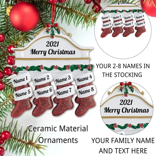Vista 5 de Amlion Adornos personalizados de cerámica para calcetines de Navidad, familia de 2 a 8, nombres personalizados, estilo tradicional, ocasión