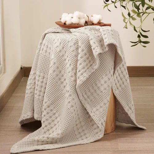 Vista 6 de PHF - Manta tejida de punto gofre 100% algodón, suave, ligera, transpirable, acogedora, de verano, para sofá y cama, tejida, estética, decoración 01