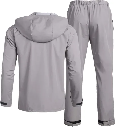 Vista 3 de COOFANDY Traje de lluvia impermeable para hombre con capucha, 2 piezas, ligera, pesca, campamento, chaqueta de lluvia