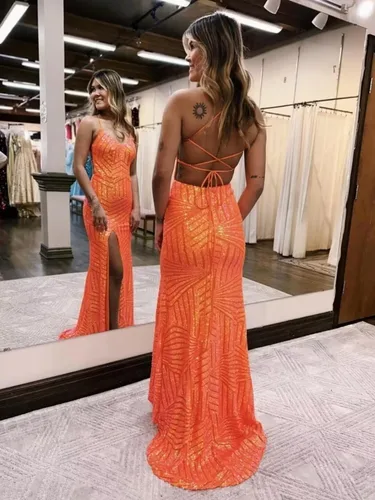 Vista 2 de Vestidos de fiesta de lentejuelas de sirena 2024 cuello en V brillante correa de espagueti formal vestido de fiesta de noche con abertura CM251