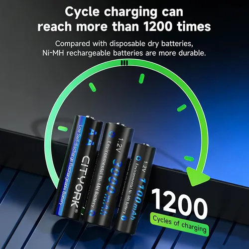 Vista 5 de CITYORK Baterías recargables con cargador, paquete de 8 pilas AA 3000mAh y 8 unidades AAA1100mAh Ni-MH con cargador inteligente LCD de 8 bahías