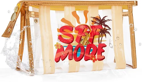 Vista 15 de COSHAYSOO Bolsa de Maquillaje Transparente con Protección Solar, Bolsa de Protector Solar con Parches de Letras, Accesorios Esenciales de Playa