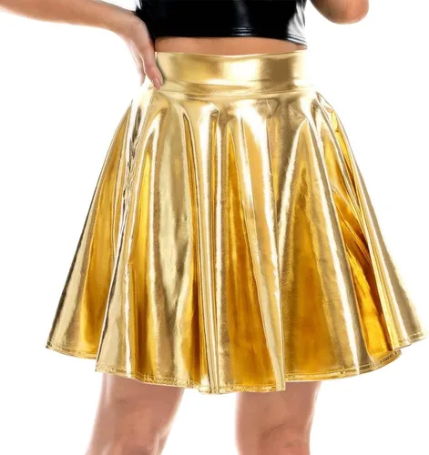 Vista 2 de eccbox Minifalda metálica brillante para mujer, diseño de discoteca de moda, acampanada, plisada y acampanada