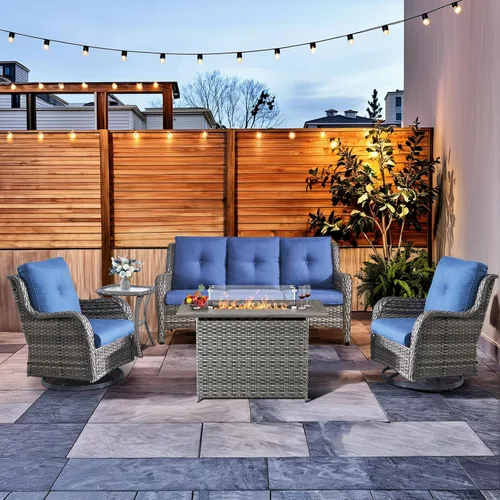 Vista 82 de HUMMUH Juego de 2 Sillas Giratorias Mecedoras de Mimbre para Patio Exterior, Juego de Muebles de Sillas Mecedoras de Ratán (Marrón, Azul) 50,000