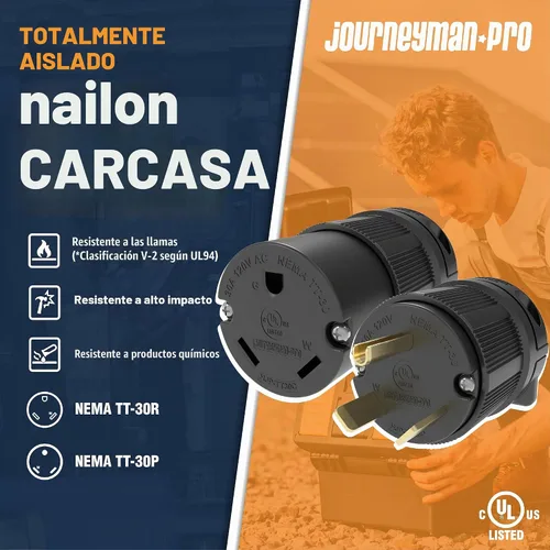 Vista 2 de Journeyman-Pro NEMA TT-30P, 30 amperios, 125 voltios, 3 clavijas macho de hoja recta de 3 clavijas, conector de enchufe para remolque, color negro