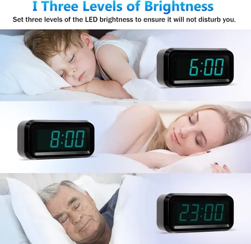 Vista 3 de Reloj despertador digital, funciona con pilas, con pantalla LED para dormitorios, larga duración de batería, brillo ajustable en 3 niveles, 12/24