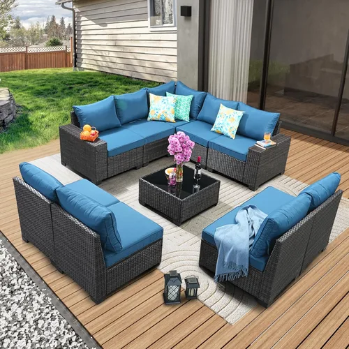 Vista 13 de JOYURE Juego de muebles de patio de 5 piezas, para todo tipo de clima, para exterior, sofá seccional de mimbre, sofá de ratán para patio con cojín