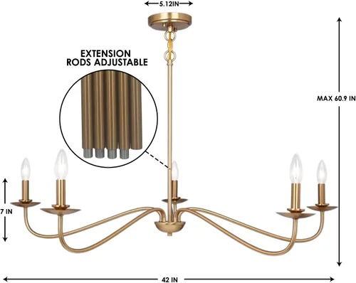 Vista 2 de Candelabro moderno, lámpara de 5 luces para comedor, lámpara dorada de altura ajustable, lámpara de araña de granja para comedor, entrada