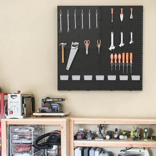 Vista 5 de Pegboard Smith Paneles de plástico negro de 17.75 x 17.75 pulgadas, tablero de clavijas de organización de herramientas de garaje, juego de 4