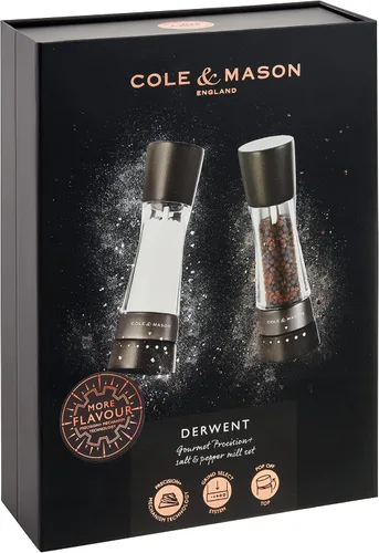 Vista 5 de Cole & Mason H332293 Derwent Black Wood Salt and Pepper Mills, Gourmet Precision+, Ajuste de Molienda, Haya Teñida/Acrílico, 190 mm, Juego