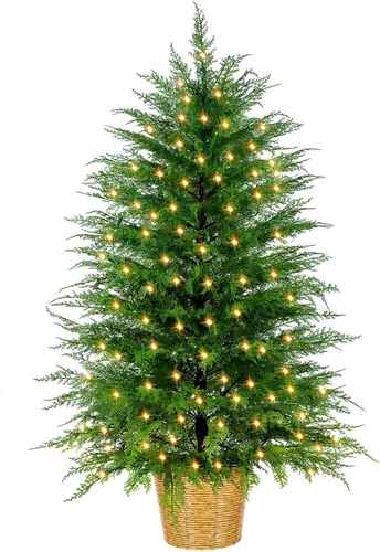 Vista 9 de Árbol de Navidad de cedro artificial preiluminado de 3 pies con luces enchufables, árbol de Navidad en maceta de cedro sintético en cesta decorativa
