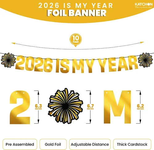 Vista 2 de KatchOn, Cartel de Feliz Año Nuevo – 10 pies, preencordado Fondo dorado de feliz año nuevo, decoraciones de Año Nuevo 2026 Telón de fondo NYE
