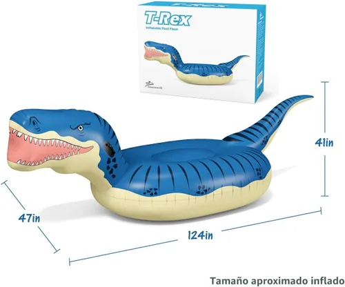 Vista 6 de Jasonwell Flotador inflable de dinosaurio para piscina, para niños, niñas, adultos, 124 pulgadas, tiranosaurio gigante Rex, flotador, verano, playa