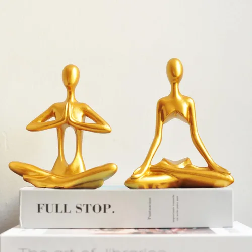 Vista 4 de Figuras doradas para decoración del hogar, 3 piezas, estatuas de yoga, estantería, decoración de estante dorado, decoración de oficina, escultura