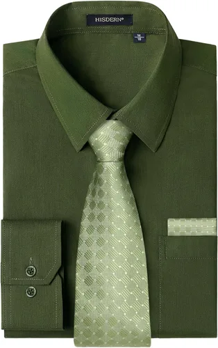 Vista 72 de HISDERN Mens Dress Shirt with Tie Pocket Square Set Classic Button Down Shirt Matching Tie Long Sleeve Shirts 08-verde
