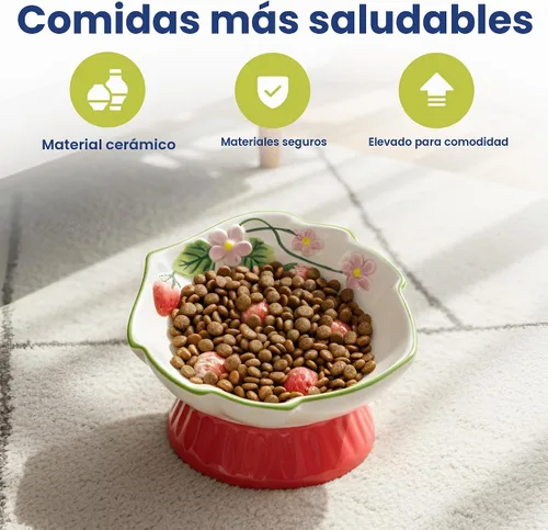 Vista 10 de Tazón elevado de comida para gatos con flores de fresa por PawsPik Rojo