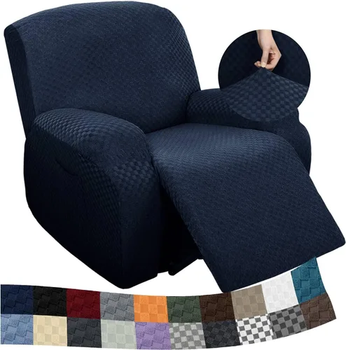 Vista 13 de YEMYHOM Funda elástica de 4 piezas para silla reclinable de jacquard con bolsillo lateral, antideslizante, ajustable, protector de muebles con parte