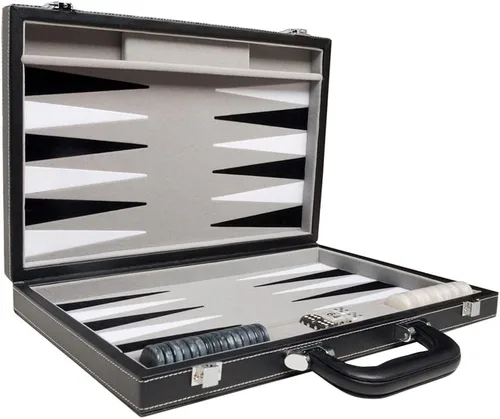 Vista 4 de Juego de backgammon de viaje, cuero sintético, campo de juego de terciopelo, 15 pulgadas, negro/gris