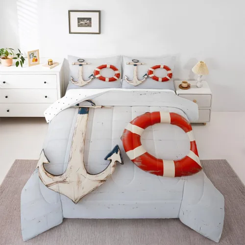 Vista 50 de Erosebridal Edredón náutico costero, juego de ropa de cama y colecciones de playa de verano, estilo clásico, edredón de plumón oceánico