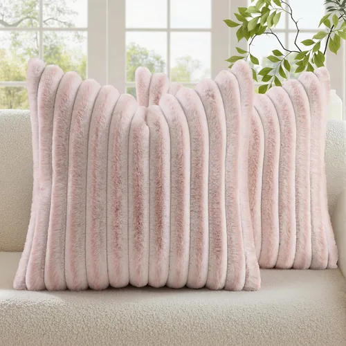 Vista 44 de decorUhome Fundas de almohada de piel sintética, juego de 2, decorativas, afelpadas, suaves, afelpadas, a rayas, parte posterior de terciopelo