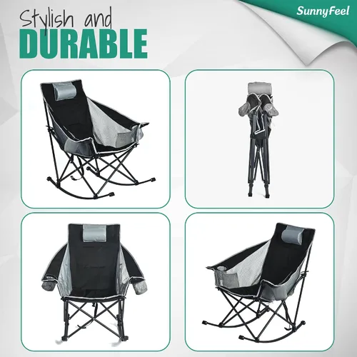 Vista 7 de SUNNYFEEL Silla Mecedora de Camping Paquete de 2, Silla Plegable de Jardín Extragrande para Exteriores con Bolsillo, Resistente