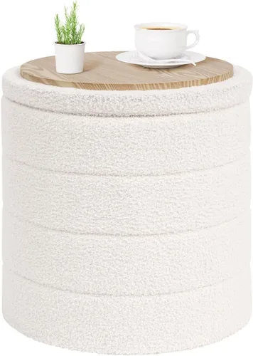 Vista 14 de PINPLUS Otomana de Almacenamiento Redonda Reposapiés Taburete con Bandeja de Terciopelo Sherpa Otomana de Almacenamiento Plegable, Reposapiés Boucle