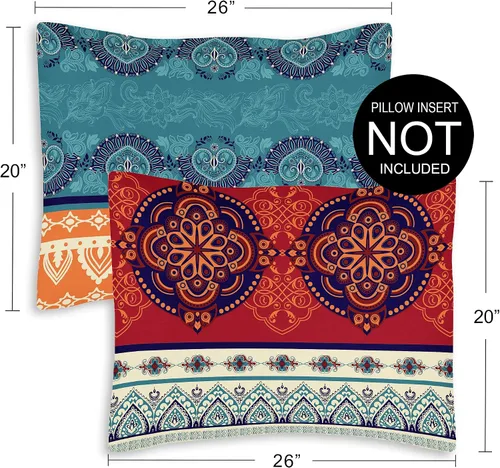 Vista 3 de Juego de 2 fundas de almohada con diseño de mandala bohemio y chic, tamaño Queen, color rojo, verde azulado, azul, naranja, indio, turquesa