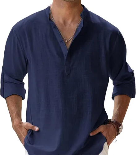 Vista 4 de Camisas de lino para hombre, de manga larga, con botones, de algodón, lino, talla grande, cuello de banda, color sólido, camisa de playa
