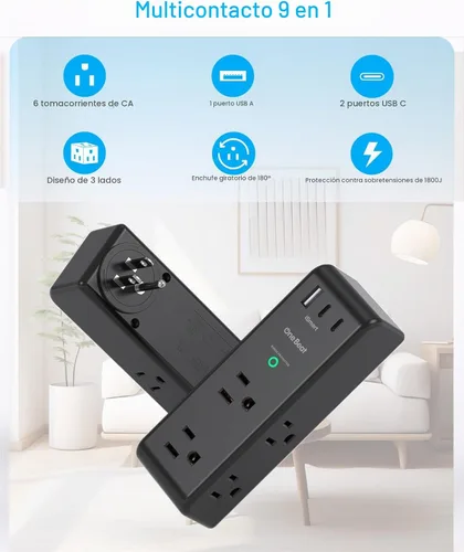 Vista 3 de Extensor de salida con protector de sobretensiones con enchufe giratorio, 6 tomas de corriente alterna con 3 puertos USB (2 USB C), cargador