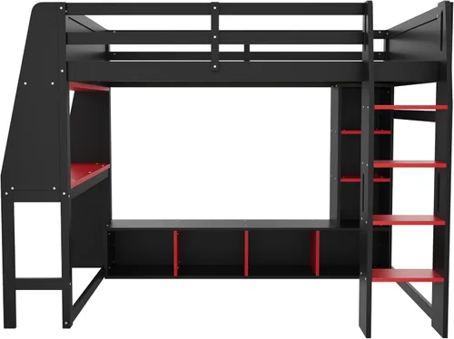 Vista 4 de KLMM Cama loft de madera creativa de tamaño individual con escritorio y estantes de almacenamiento múltiple, LED y un perchero para colgar ropa