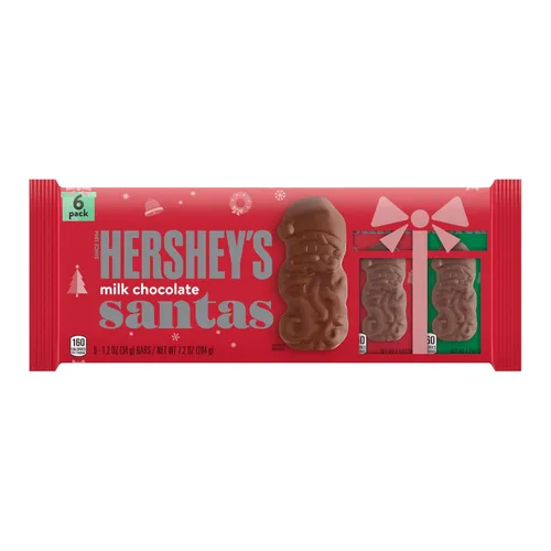 Vista 3 de HERSHEY'S Barra de chocolate, barra de chocolate con leche envuelta individualmente en embalaje navideño de Santa, 1.2 onzas, paquete de 6