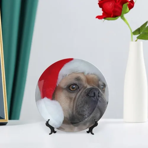 Vista 6 de Platos decorativos de Navidad para exhibición, Bulldog con sombrero de Papá Noel, divertidos platos de pared de cerámica de animales, platos