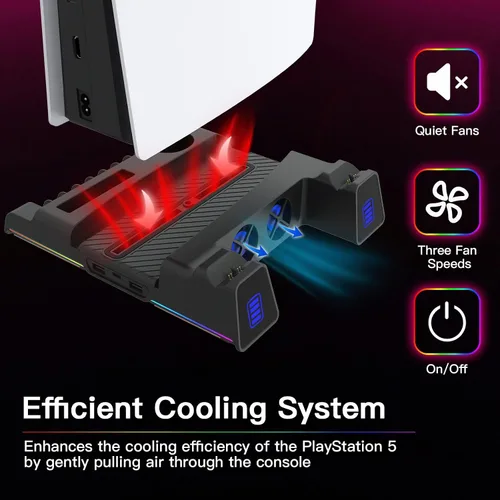 Vista 3 de NexiGo Soporte para PS5 con luz LED RGB, ranura para disco duro, auriculares y soportes remotos, estación de carga de doble controlador para consola