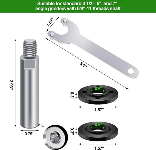 Vista 4 de Paquete de 5 accesorios para amoladora angular, 5/8-11, llave inglesa, tuerca de brida y 2 ejes de extensión de 3.937 in, compatible con Makita