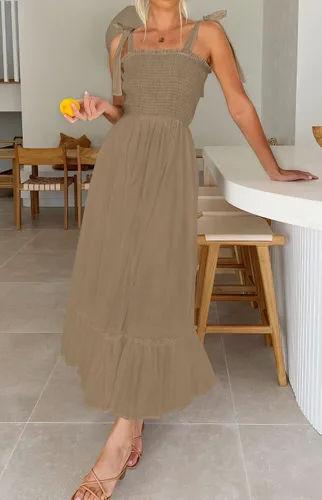 Vista 3 de ZESICA vestido bohemio y liso de verano para mujer acampanado con tirantes delgados cuello cuadrado y volantes vestido largo para la playa